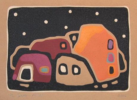 Bei den Hütten, Farblinolschnitt - mariagust - auf - Array - Bei den Hütten, Farblinolschnitt - mariagust - auf - Array -